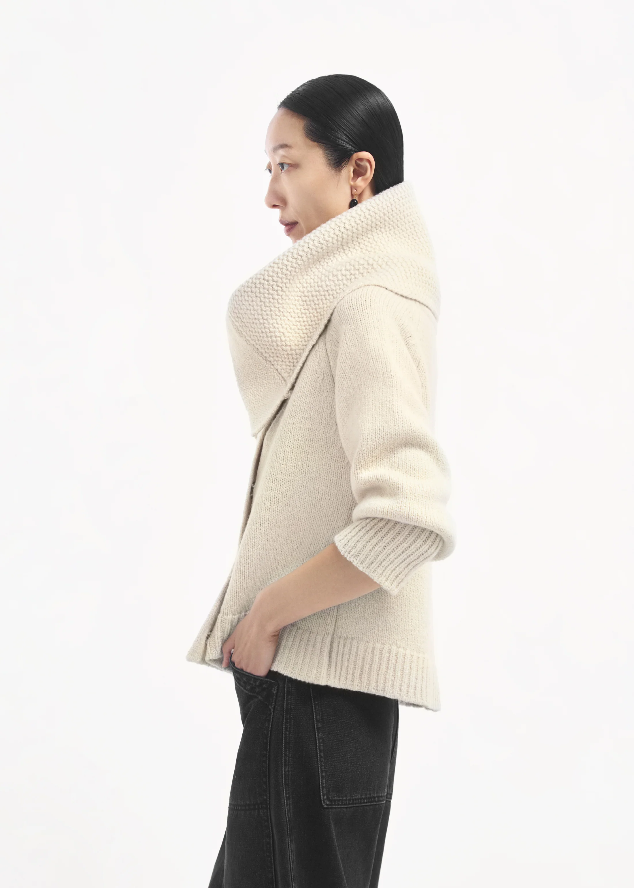 Funnel Neck Knit Cardigan in Wool Cashmere - Ivory - Image 3