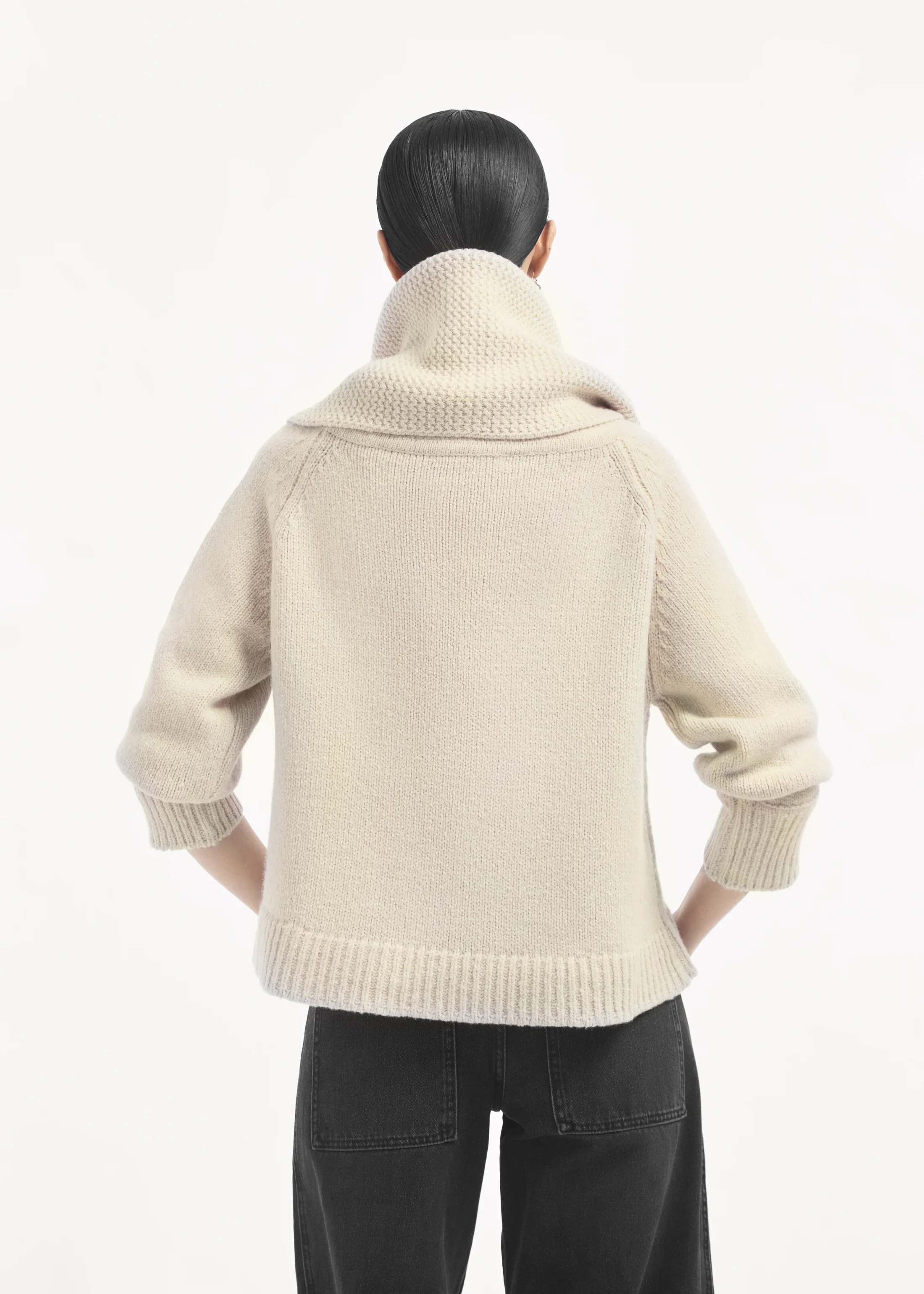 Funnel Neck Knit Cardigan in Wool Cashmere - Ivory - Image 4