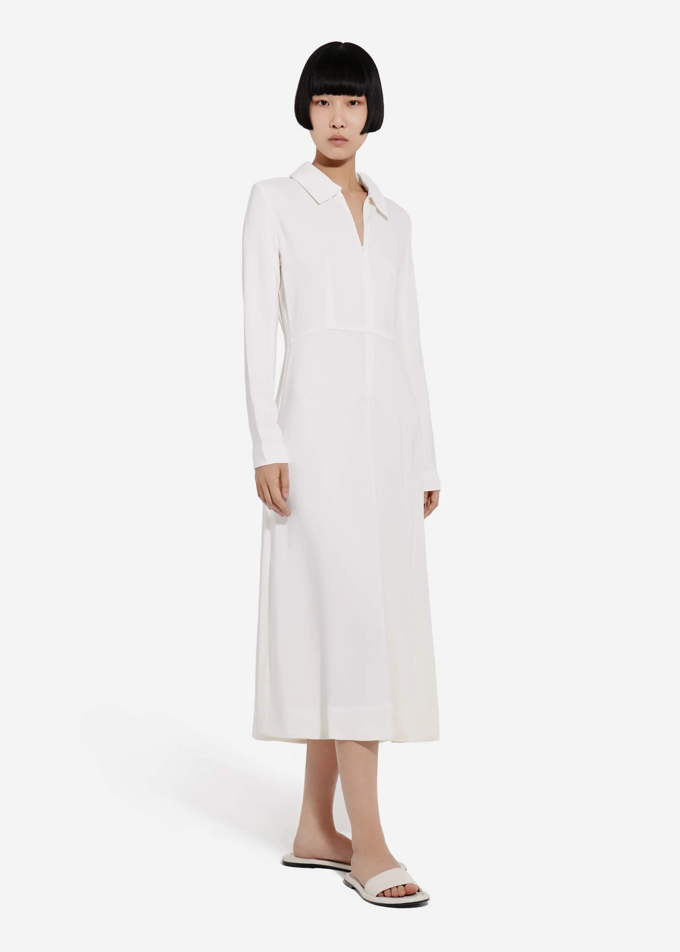 Long Sleeve Shirt Dress in Crepe - Ivory - Image 3