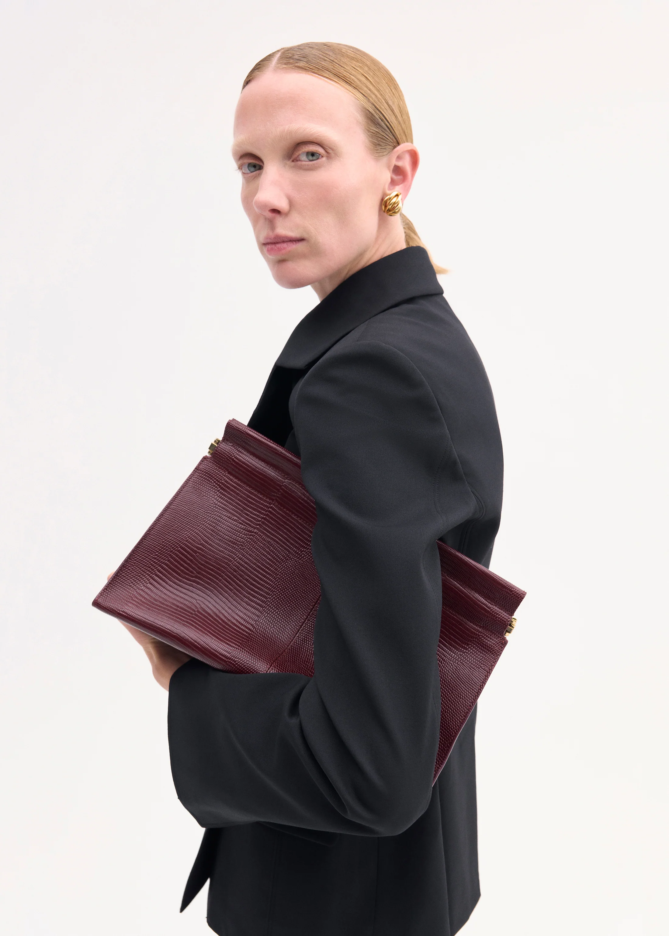 Large Leather Clutch in Burgundy - Image 4