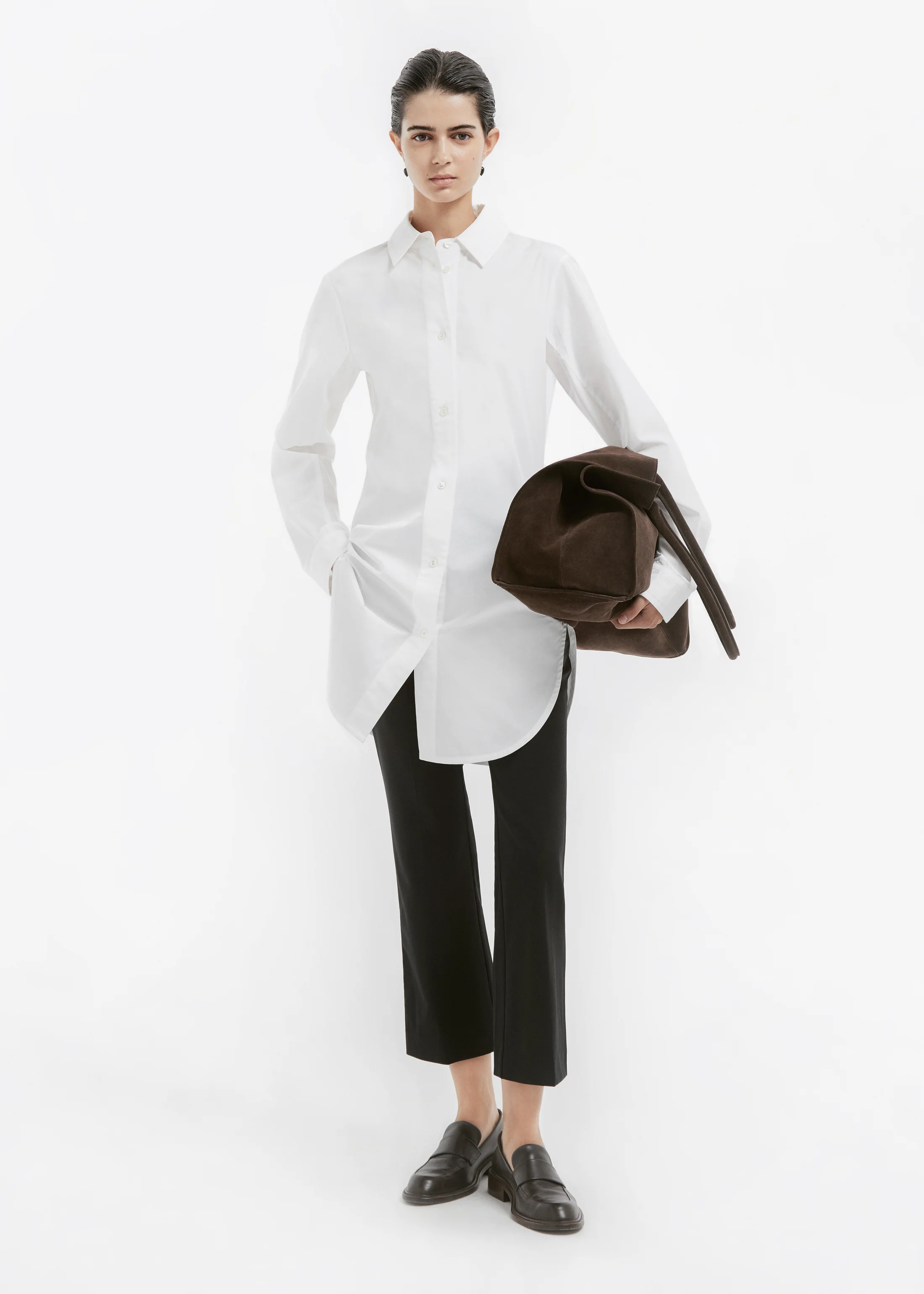 Cinched Button Down Shirt in Cotton Sateen - White - Image 4