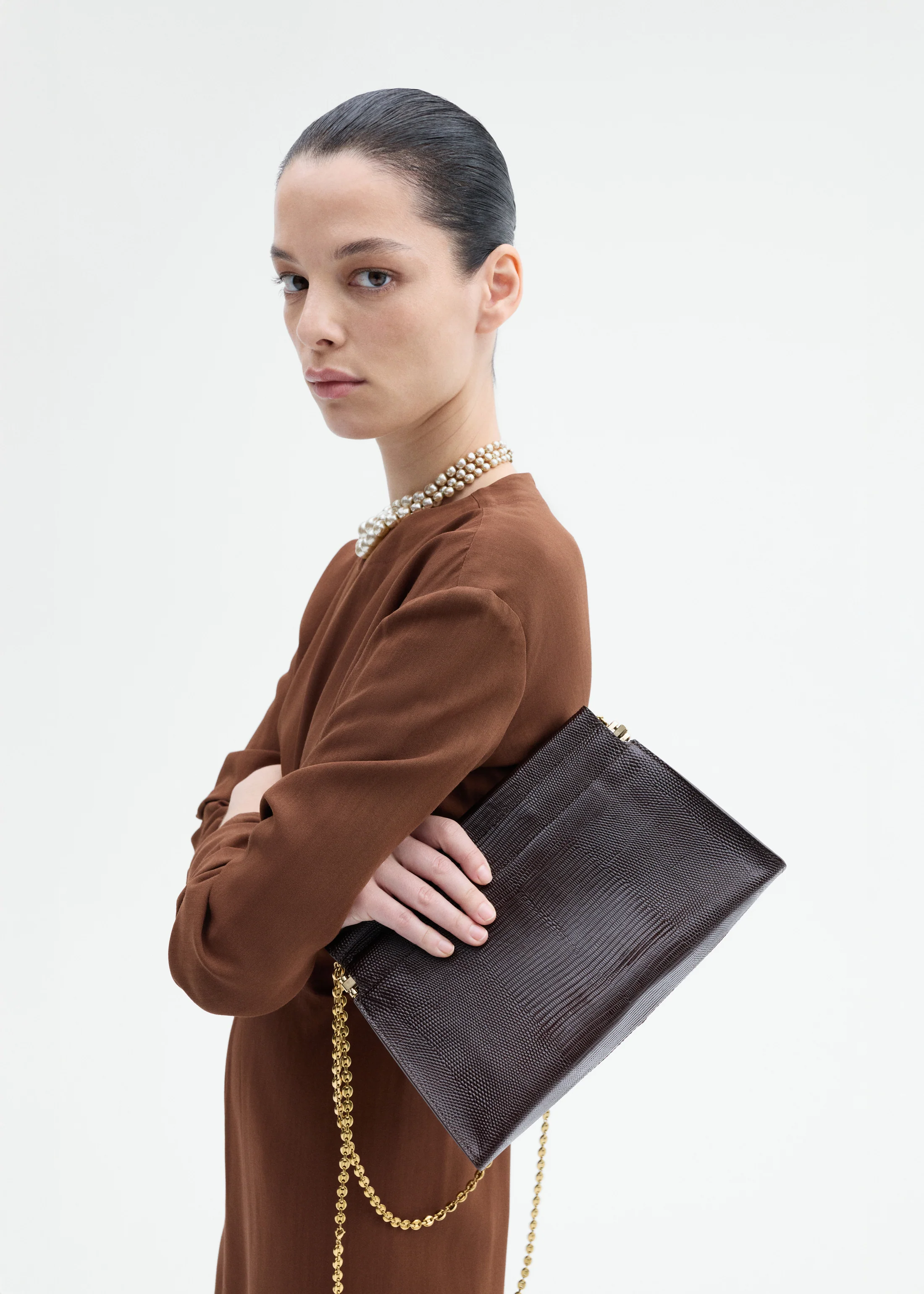 Small Leather Clutch with Chain - Espresso - Image 5
